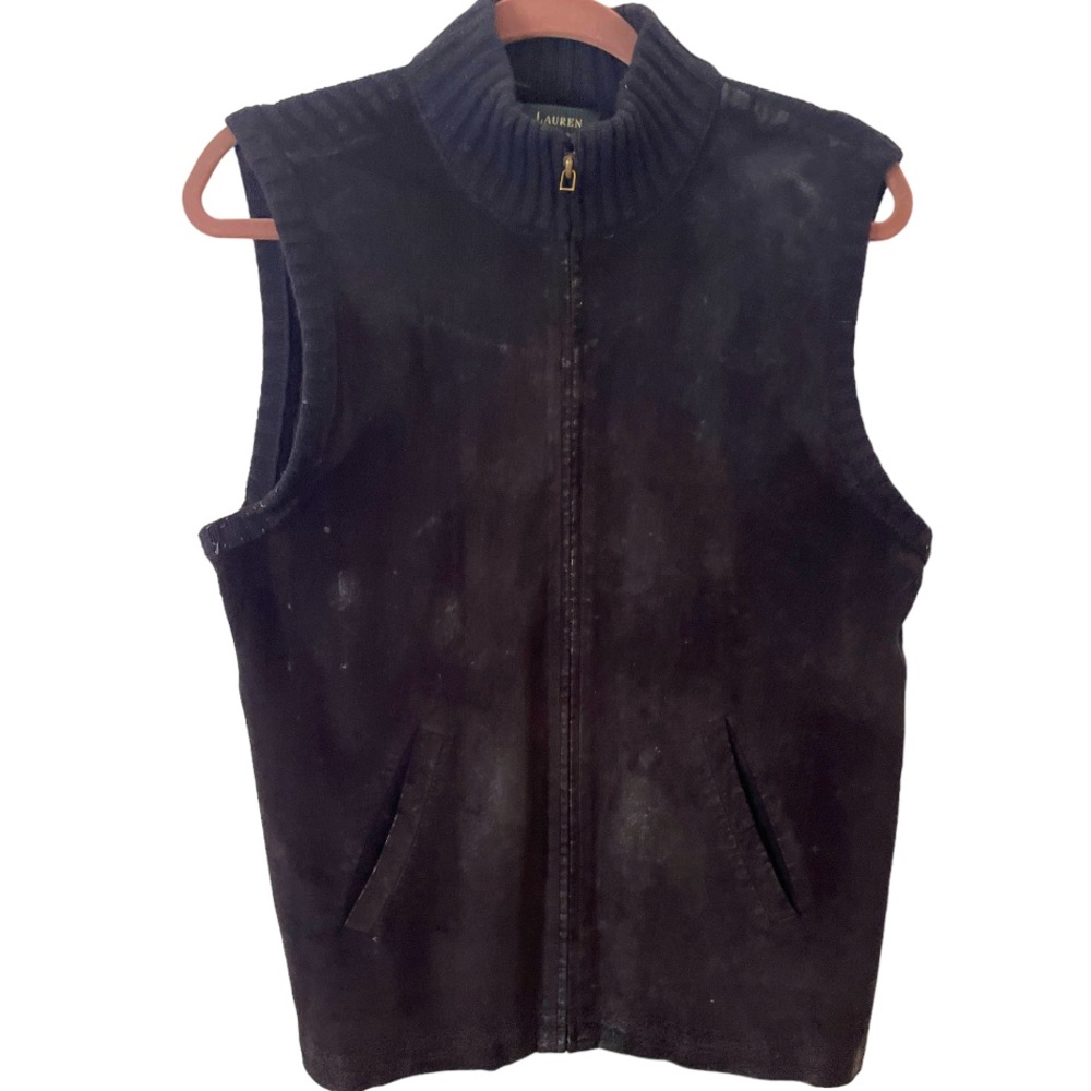 Lauren Ralph‎ Lauren Black Leather front Merino Wool Zip Up Vest L